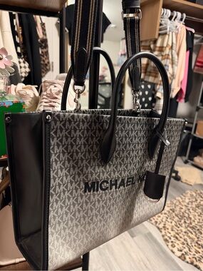 Michael Kors Black and Gray Signature MK Canvas Tote with Top Handles